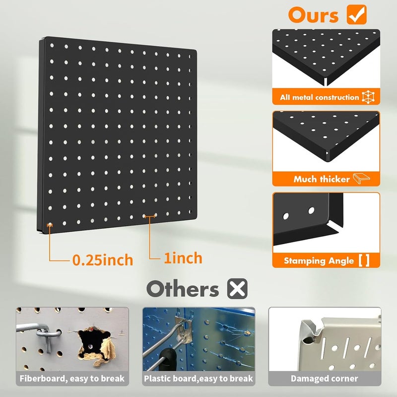 FZK Peg Board, 6PCS Metal Pegboard, Heavy Duty Pegboard Wall Organizer with Frame. Black Pegboard for Walls, Garage, Workbench, Craft Room Tool Organization, Metal Pegboard Panels 12in*12in - Image 3
